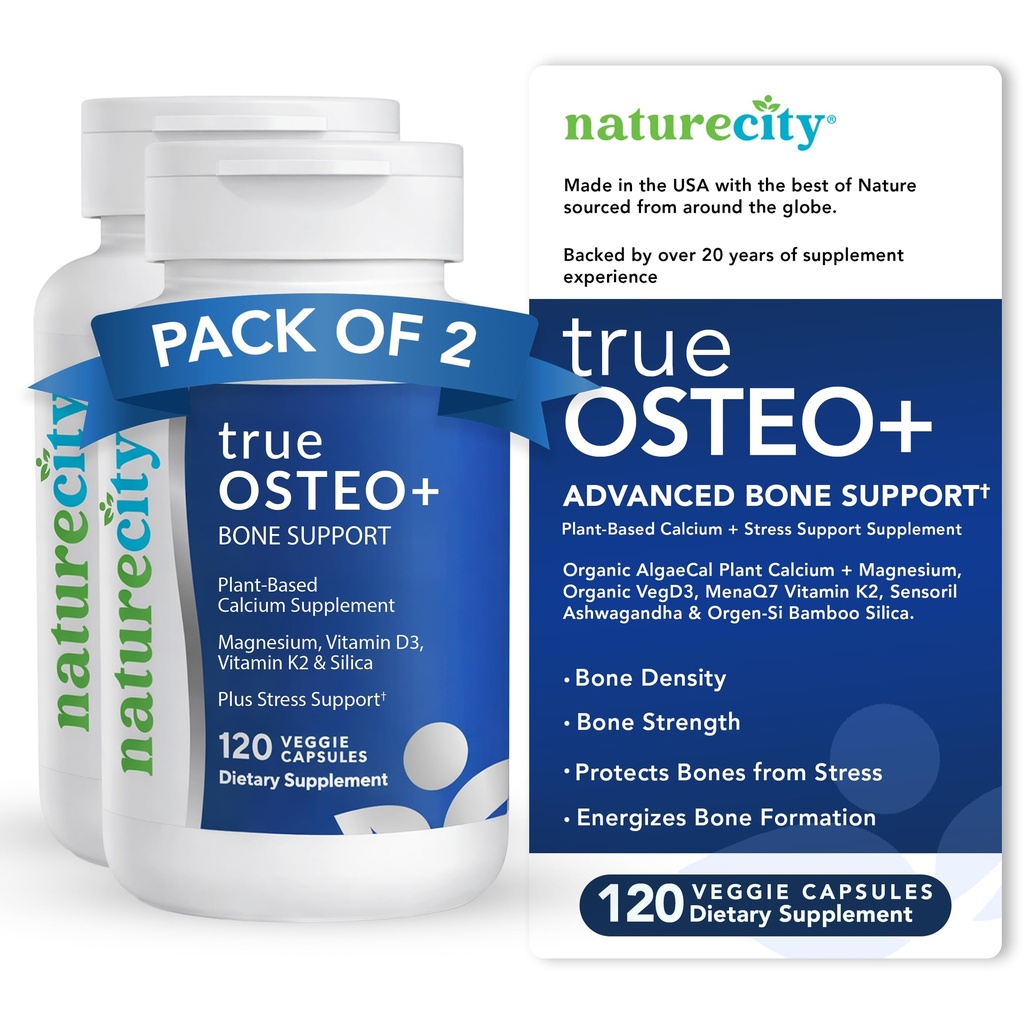 NatureCity True-Osteo+ Bone Support with Ashwagandha - 강점 및 밀도 - 유기 조류, 마그네슘, 비타민 D3, K2, 실리콘 및 스트레스 지원이있는 식물 기반 칼슘 | 240 Veggie 캡슐