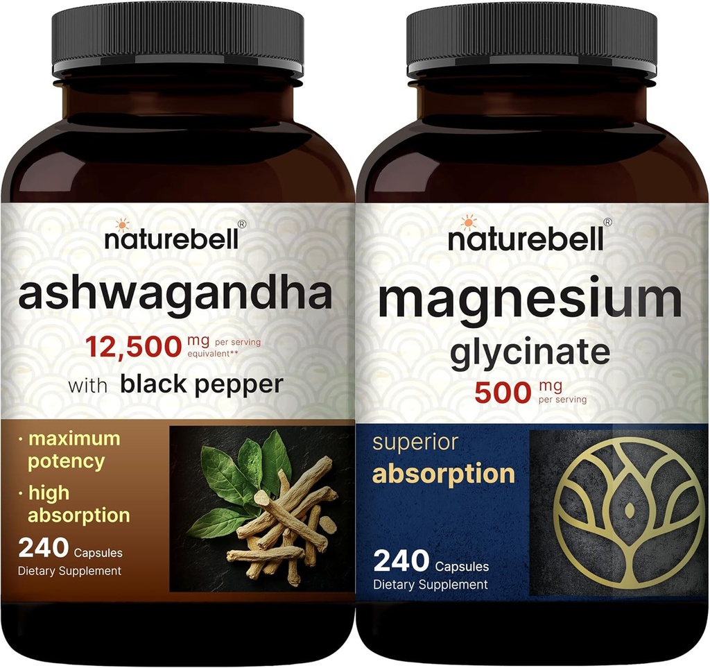 NatureBell 마그네슘 글리세린 캡슐 500mg & Ashwagandha 검정 고추 번들 팩과 동등한 12,500 mg | 킬레이트 및 정제 미네랄 | Adaptogens Relaxation에 대 한 보충 교재
