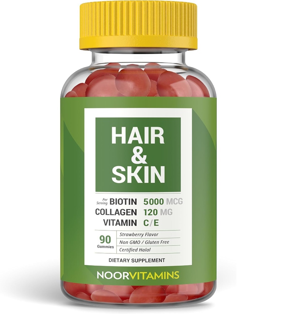 Noor 비타민 Halal 머리 비타민 Biotin, 교원질, 실리카, 비타민 C & E 지원 머리, 피부 & 못 건강; 자연적인 딸기 거미 비타민. GMO, 글루텐 프리 & 공인 할랄 비타민 (90 개)