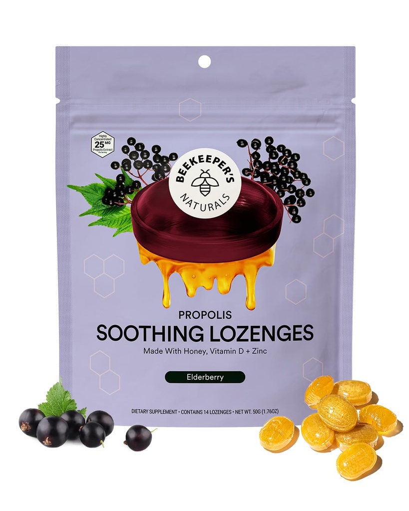Beekeeper's Naturals Soothing 꿀 Elderberry Cough Drops 면역 지원 비타민 D, 아연 및 Propolis Throat Soothing Lozenges, 14 Ct