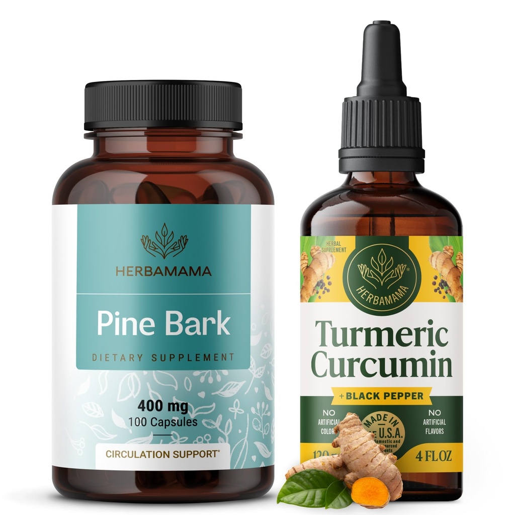 HERBAMAMA 심황 추출물과 소나무 껍질 키트 - 400 mg의 프랑스 해상 캡슐 및 심황 추출물 Tincture 2 fl oz - Vegan, Non-GMO, Sugar & Alcohol-Free - 2 Pack의 번들