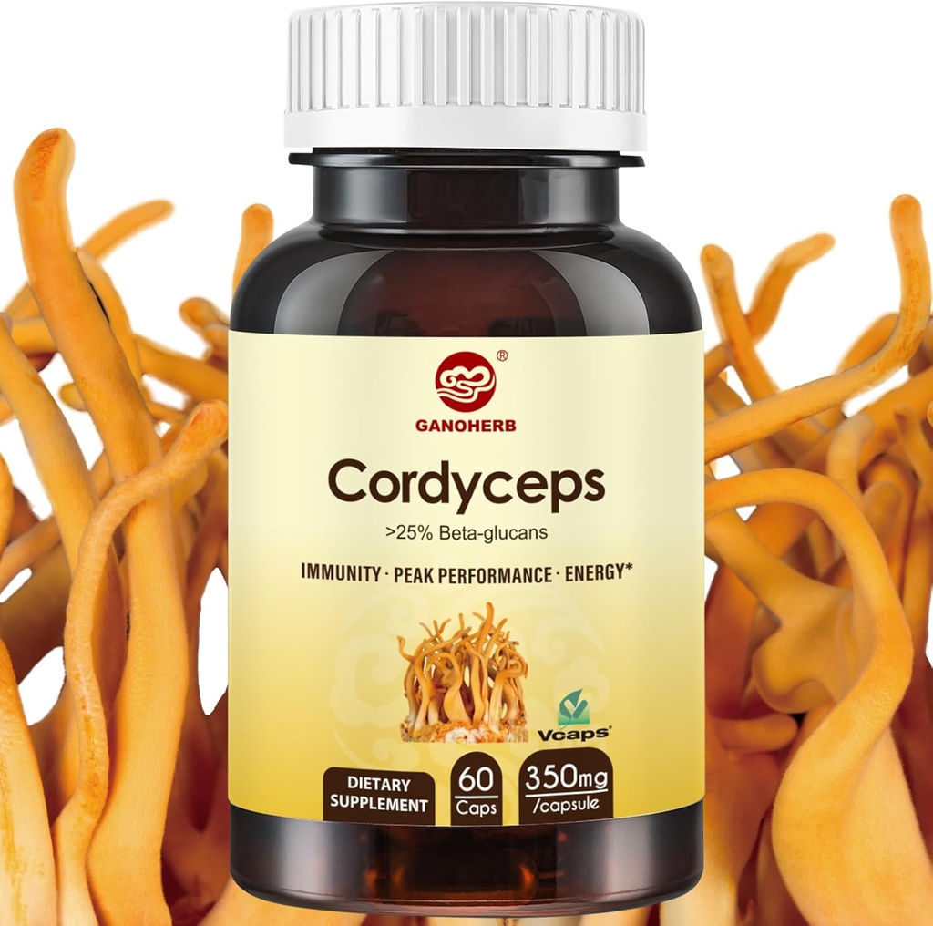 Cordyceps 캡슐, 버섯 추출물 보충교재는 성과, 에너지 및 면역 체계 지원, 700mg, 60 조사, 유기 및 Vegan를 위한 31% beta Glucan를 가진 분말을 보충합니다