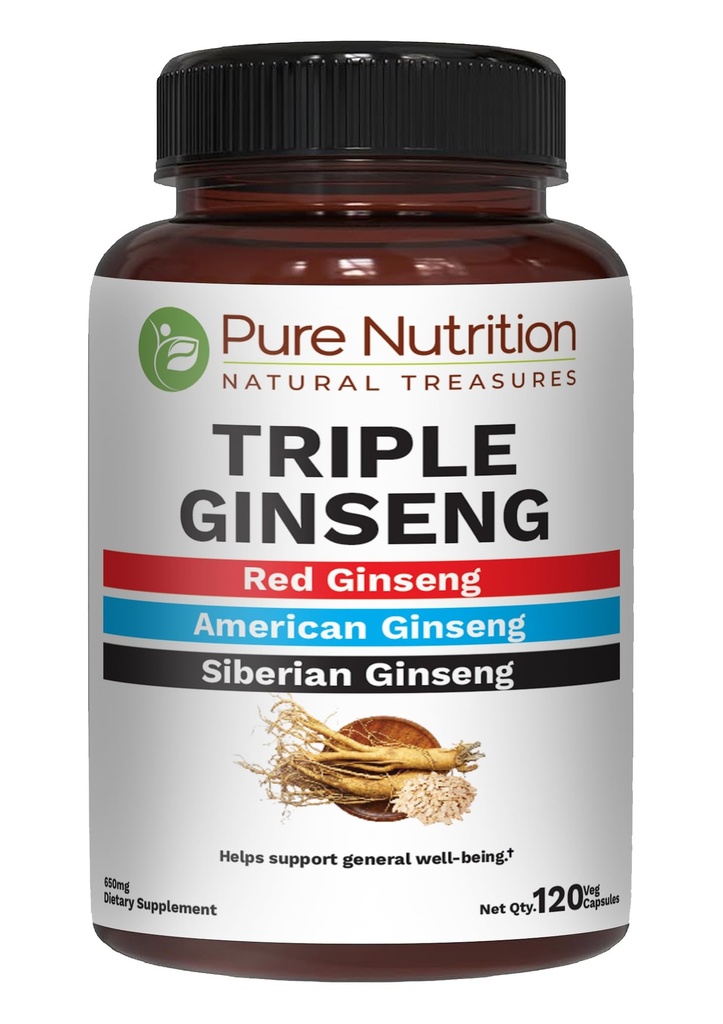 Pure Nutrition Triple Ginseng 650mg | 120 Caps | 남성과 여성용 복합체 | Red, American, Siberian Ginseng의 효과적인 조합. 비 GMO