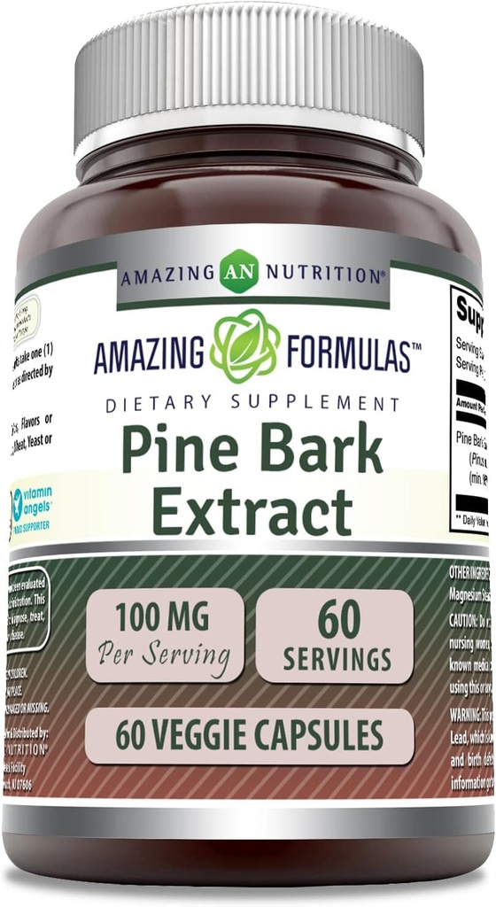 Amazing Formulas Pine Bark Extract 100 Mg | 채식 캡슐 보충 | 비 GMO | 글루텐 프리 | 비 GMO | 글루텐 프리 | 1 팩 | 60 개