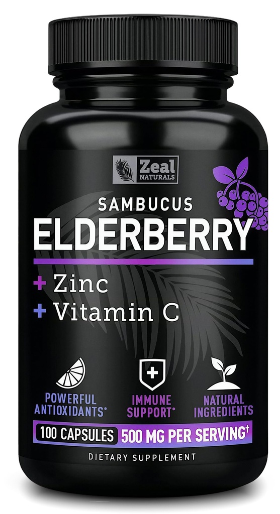 Zeal Naturals Max Strength Elderberry 캡슐 + 아연 + 비타민 C | Black Sambucus Elderberry와 Immune System Support의 500mg | 100 개 | 3-in-1 Immune