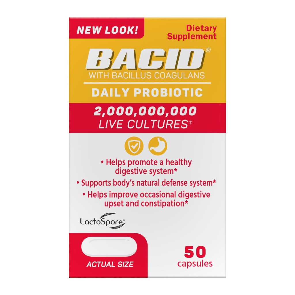 Bacid Daily Probiotic with Bacillus Coagulans, 50 Count, Digestion Supplement to improve Occasional Constipation