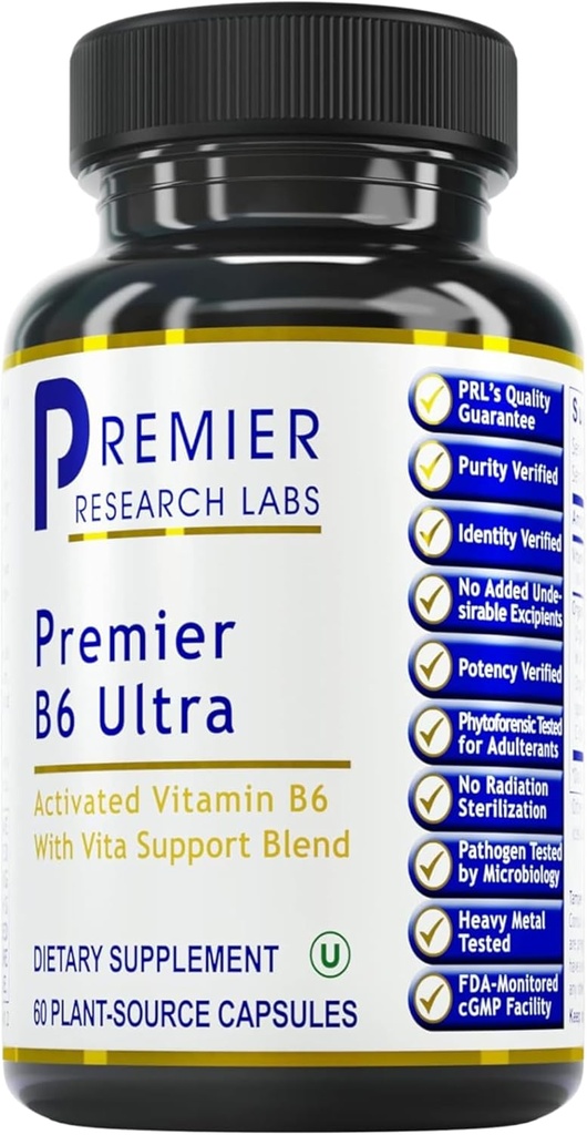 Premier Research Labs Premier B6 Ultra- P5P 비타민 B6, Pyridoxal 5 인산염 B6 비타민 보충, 캡슐 당 50mg B6, 에너지 대사를위한 활성 형태, & 두뇌 기능 - 60 채식 캡슐