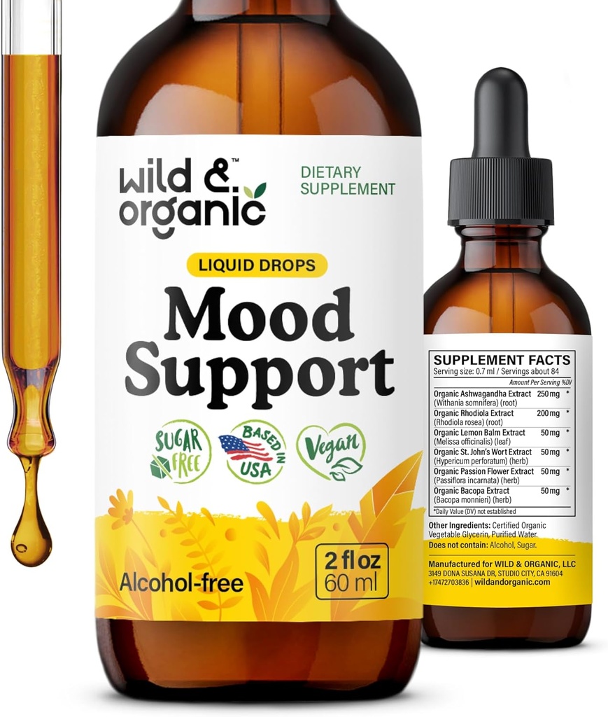 Wild & Organic Mood Support Drops - 좋은 Mood 보충제 w / Ashwagandha Root & Rhodiola Rosea - 긍정적 인 에너지를위한 천연 액체 드롭 - 여성과 남성을위한 Calm 및 Relax 보충제 - 2 oz