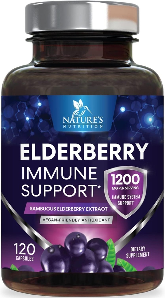 Elderberry Immune 지원 1200mg - 집중된 Sambucus 검정 Elderberry 추출물을 가진 성인을 위한 매일 면역성이 있는 지원 - 산화 방지제 비타민 보충교재, 글루텐 자유로운, 미국에서 병에 넣어 - 120의 캡슐