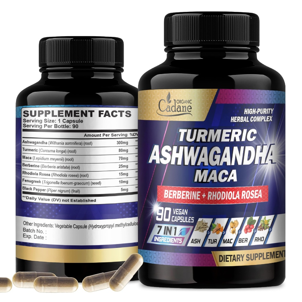 유기 Cadane Ashwagandha 보충 교재 - 기억, 면역 체계 & 힘 지원 - 7in1는 3 달 공급을 위한 Turmeric, Maca 뿌리, Berberine & 더 많은 것에 집중했습니다