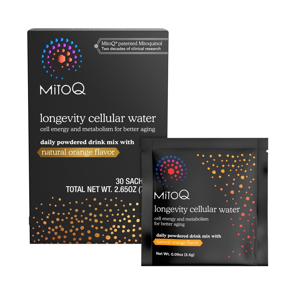 MitoQ Longevity Cellular Water Daily Powdered Drink Mix Natural Orange 풍미 - Mitochondria-targeted Antioxidant - 더 나은 노화를위한 세포 에너지 및 대사 (Orange, 30 Packets)