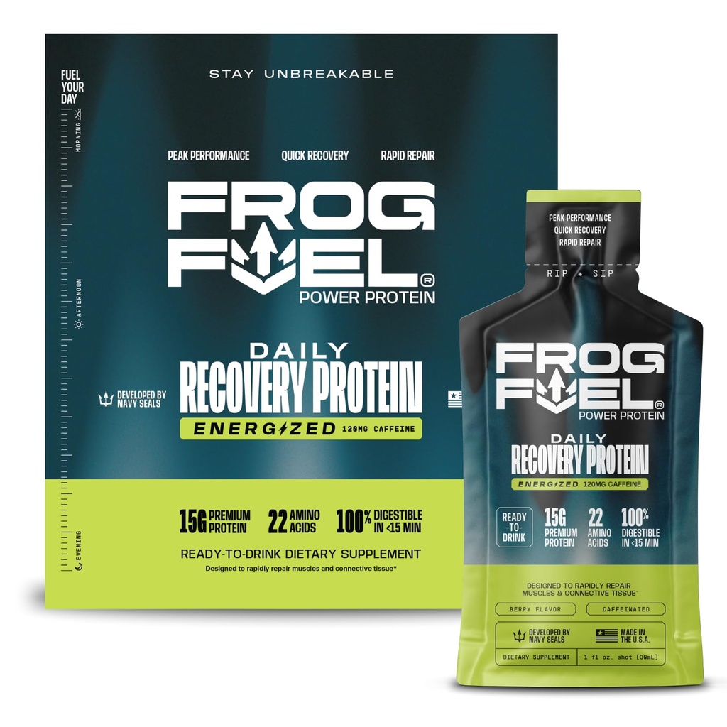 Frog 연료 힘 Energized 단백질 탄, 15g 단백질 Nano-Hydrolyzed 잔디에 의하여 융합되는 교원질, 120mg 카페인, 지방 & 설탕 자유로운, 22 아미노산, 0개의 Carbs, 베리, 1개 oz 소포, 24 팩