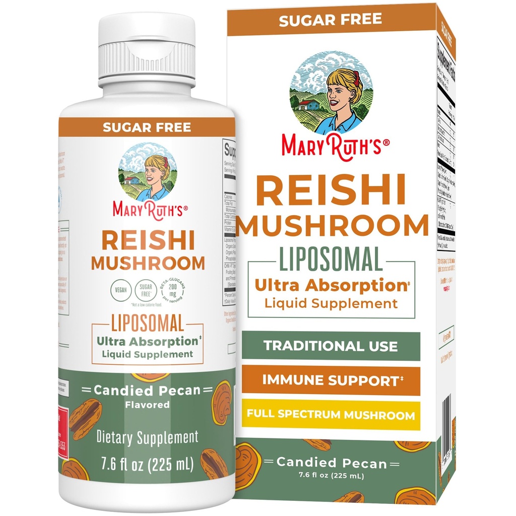 MaryRuth Organics Reishi Vegan Mushroom Supplement | 울트라 흡수 Liposomal | 200mg Beta-Glucans, Vegan |Full Spectrum Reishi Mushroom Fruiting Body | 7.6 oz,