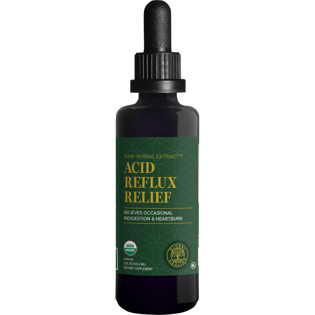 Global Healing Acid Reflux Relief Organic Liquid Supplement W/Slippery Elm - Upset Stomach, Heartburn, Indigestion - 소화 문제에 대한 신체의 방어 지원 - 2 Fl oz
