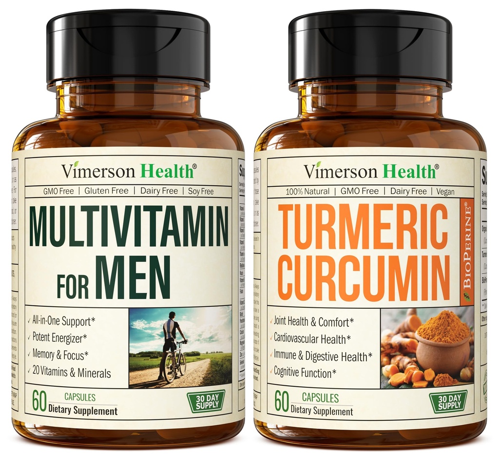 Vimerson 건강 남자의 Multivitamin + 까만 고추 추출물 뭉치를 가진 Turmeric Curcumin. 합동과 면역 지원, 불편 구호, 그를 위한 산화 방지제 재산