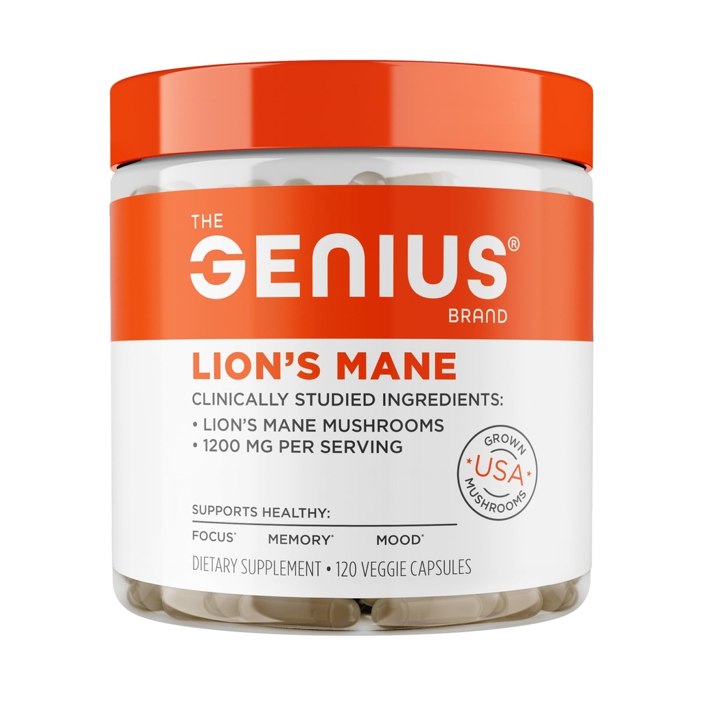 Genius 브랜드 Genius Lion 's Mane - 메모리, 초점 및 무드 지원을위한 식물 기반 보충 - 유기 및 비 GMO - 120 Veggie 캡슐