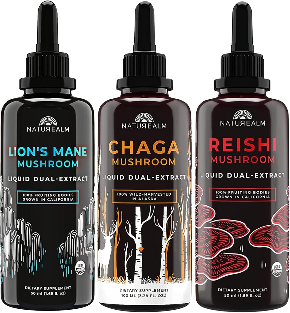 Naturealm Lion 's Mane, Reishi, & Chaga Mushroom Extract - Focus, Immunity, Longevity, Gut Health, Anti-Aging, Energy, Healing, & More - Organic Liquid Drops - 50 mL 각각 (3 팩)