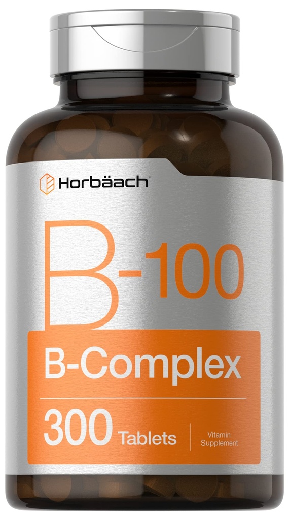Horbäach Vitamin B-100 Complex | 일일 100 % | 300 정제 | 채식주의, 비 GMO 및 글루텐 무료 보충
