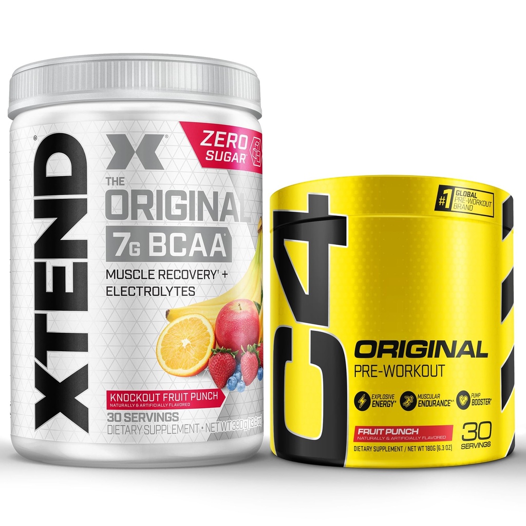 Cellucor 전 운동 & BCAA 뭉치, C4 본래 전 운동 분말, 과일 펀치, 30의 서빙 + XTEND BCAA 분말, Knockout 과일 펀치, 30의 서빙