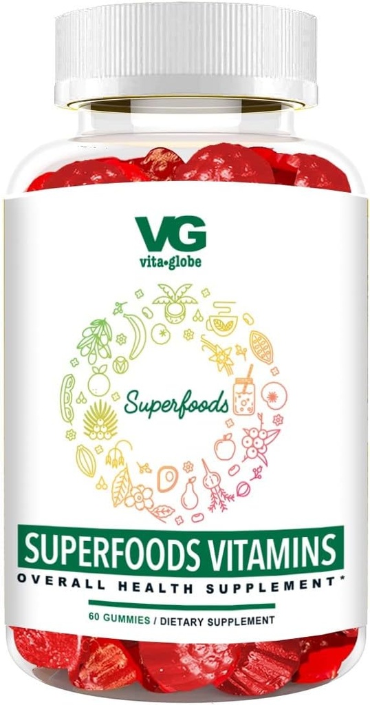 VITA GLOBE Superfood Gummy Vitamins - 면역 건강 및 항산화 지원 - 성인 및 어린이를위한 매일 웰빙 Gummies - Vegan, 비 GMO, 글루텐 무료 Superfood 보충 - 60 카운트