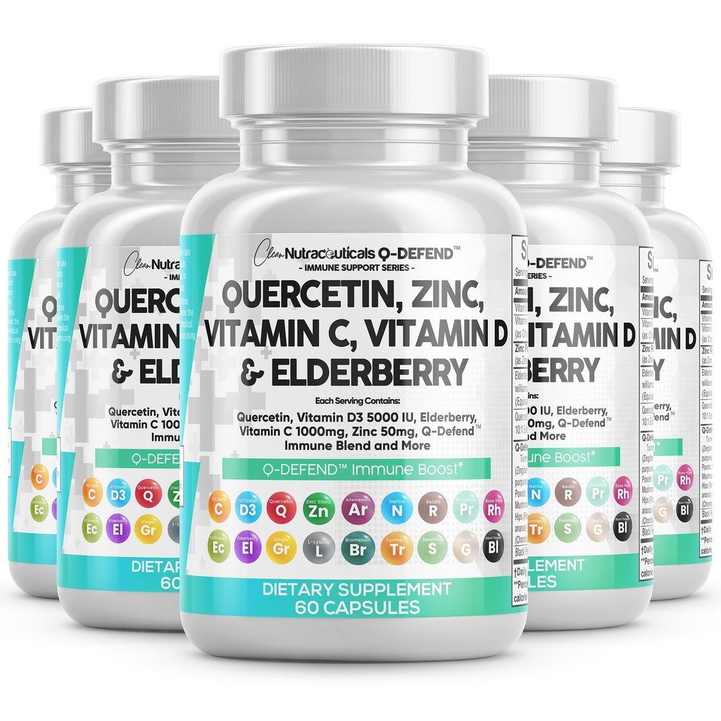 Clean Nutraceuticals Quercetin 아연 비타민 C 비타민 D Bromelain Elderberry - Artemisin, Sea Mos, Echinacea, 알레르기 구호가있는 Lung Immune 지원 보충 성인 (60)
