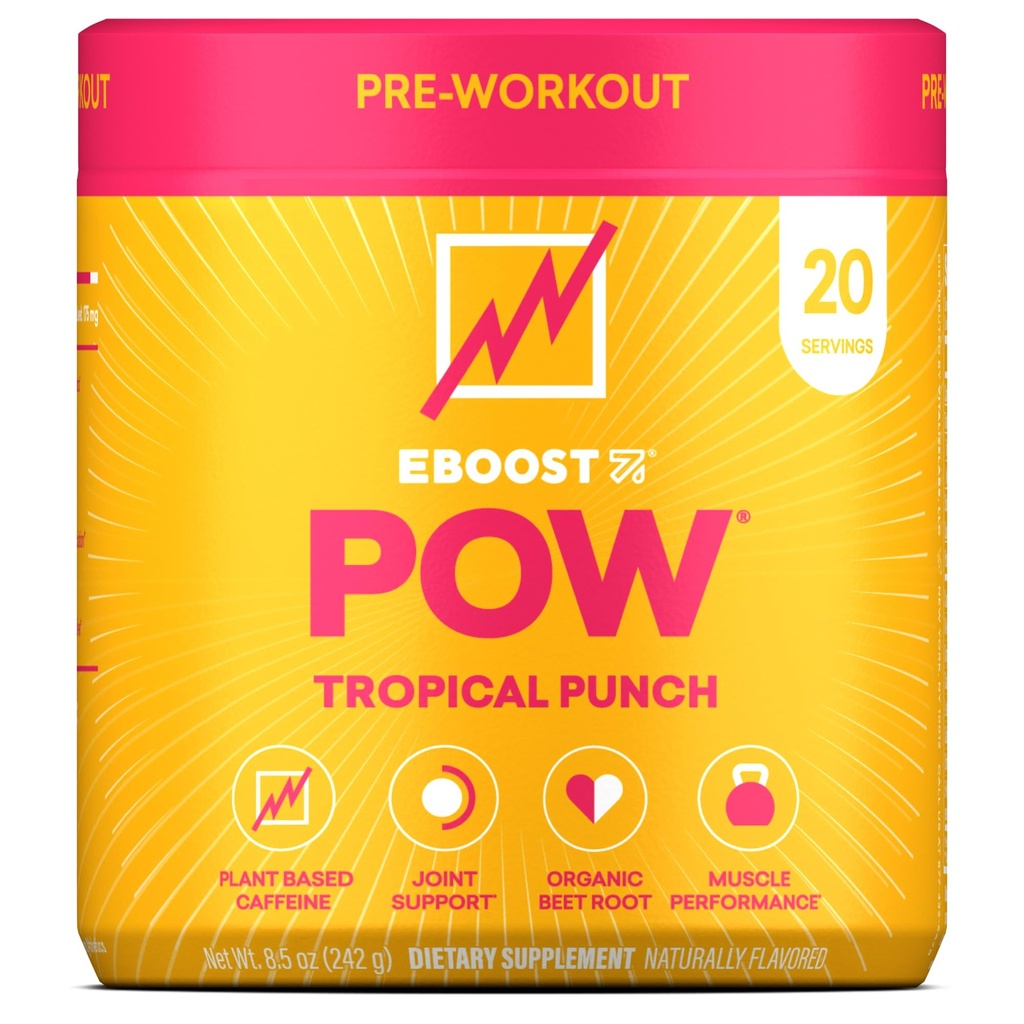 EBOOST POW Natural Pre Workout Powder – 20 서빙 - 열대 펀치 - 성능, 관절 이동성 지원, 에너지, 초점을위한 사전 운동 보충 - 남성 및 여성 - 비 GMO, 글루텐 - 무료, 크레아틴 없음