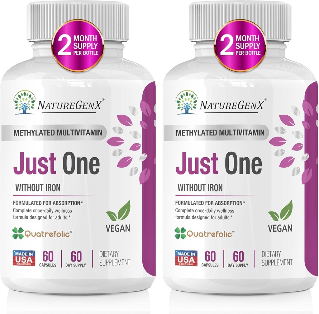 메틸 B12, Quatrefolic Methylfolate, 철 없는 남자와 여자를 위한 순수한 MTHFR 보충교재를 가진 다만 1개의 매일 메틸을 섞는 Multivitamin, 2개의 병 (60 Vegan 캡슐), 미국-Made