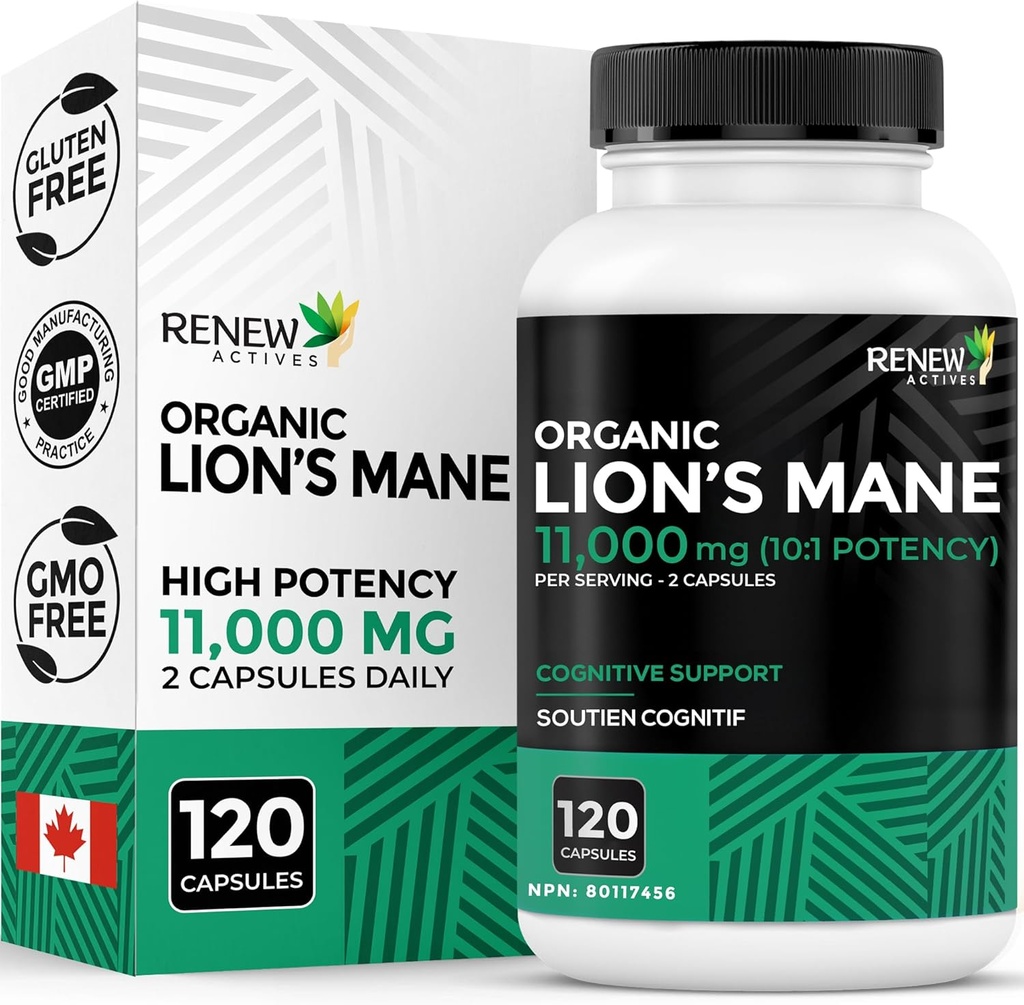 Renew Actives Premium Organic Lion's Mane Mushroom 1100MG per 2 캡슐 - 지원 뇌 기능, 기억, 초점, 스트레스 완화 및 면역 건강, 비 GMO, Vegan - 캐나다 - 120 캡슐