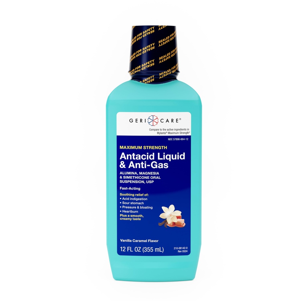 GeriCare Antacid 액체 & 반대로 가스 기복, Heartburn, 산 Reflux, Sour Stomach, 압력 & Bloating, 산 Indigestion, & 가스, 바닐라 Caramel 풍미, 12 fl oz를 위한 최대 힘.