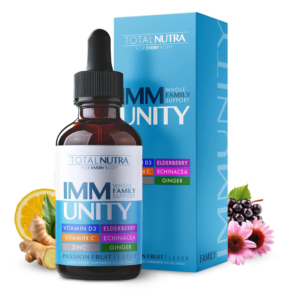 Total Immune 6-in-1 Liquid Multivitamin Supplement | 100% 매일 아연, 비타민 D3, 비타민 C 면역강화 비타민 액체 | Elderberry, Echinacea, Ginger Support for Adults & Kids | 4 oz Passion Fruit