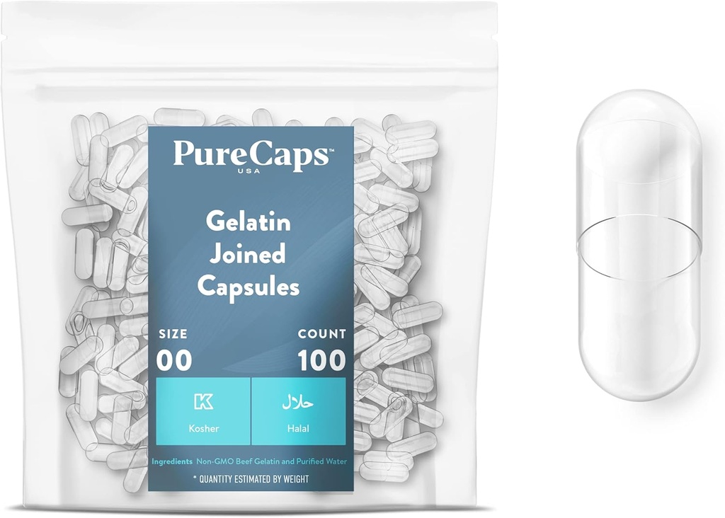 PureCaps USA - 빈 젤라틴 캡슐 크기 00| 100 가입 알약| Clear| Non-GMO 인증| SLS, 글루텐, 보존 무료