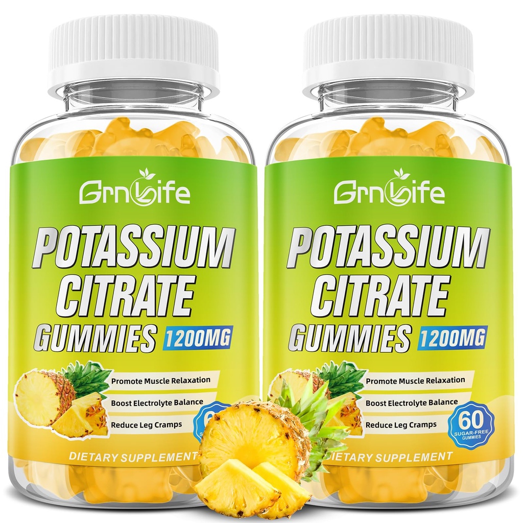 칼륨 구연산염 Gummies, 높은 칼륨 보충교재 Gummies 1200mg 지원 다리 크림 & 성인 & 아이를 위한 근육 건강, Vegan, 파인애플 풍미 120 조사