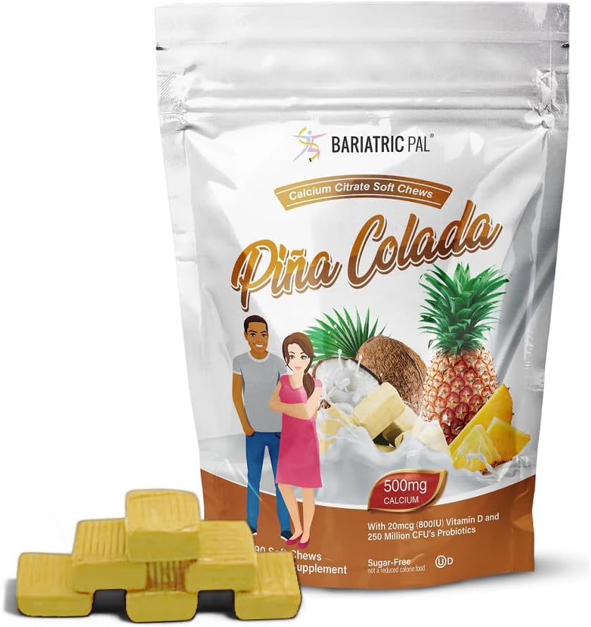 BariatricPal 설탕 자유로운 칼슘 구연산염 연약한 가슴 | 비타민 D & Probiotics를 가진 500mg | Piña Colada | 90 조사 (1 달 공급)