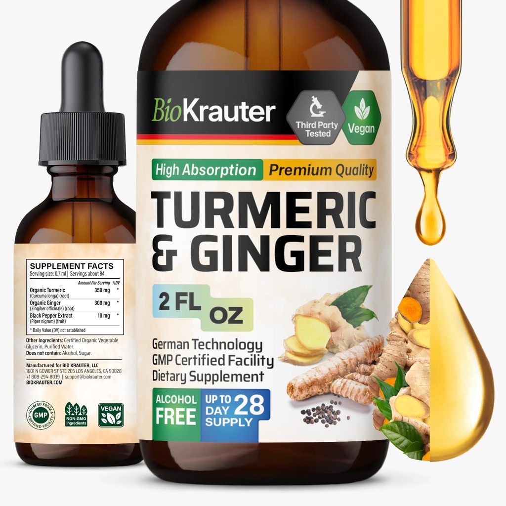 BIO KRAUTER Turmeric and Ginger Supplement Tincture - Turmeric Curcumin Immune Support Drops - 검은 후추와 생강 추출물 - Vegan Formula - 2 Fl.Oz.