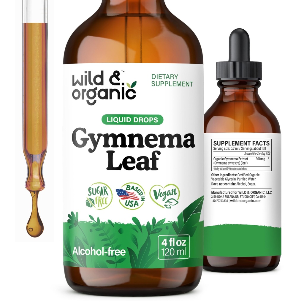 Wild & Organic Gymnema Sylvestre Extract Drops - Sugar-Free Gymnema Sylvestre Supplements - Gurmar Powder 기반 Tincture - Vegan, 알코올 프리 리프 액체 드롭 - 4 fl oz