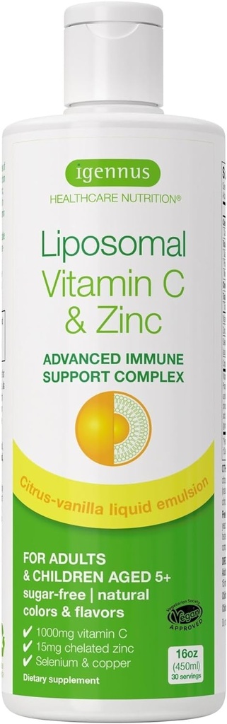 높은 흡수 Liposomal 비타민 C 1000mg & 아연 Bisglycinate, 성인 & 아이 5+, 비 GMO, 설탕 자유로운, 감귤류 & 바닐라 풍미를 위한 30-90의 서빙, 액체 면역성이 있는 지원, Igennus에 의하여