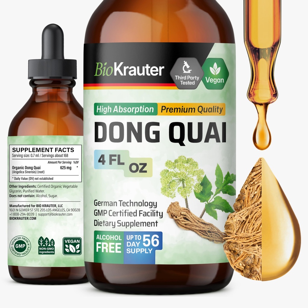 BIO KRAUTER® Menopause Women* - Dong Quai Drops 4 Fl.Oz 56 공급 일 - Menopause 지원을위한 Vegan Angelica Root Tincture - 알코올 및 설탕 무료 - Relaxation & Women's Wellness