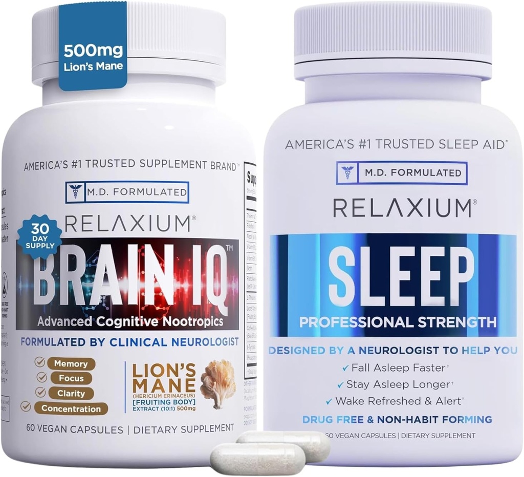 Relaxium Sleep Aid 60 캡슐 + BrainIQ Nootropic 두뇌는 60 캡슐 (가족 팩 수면 및 두뇌 번들)을 보충합니다.