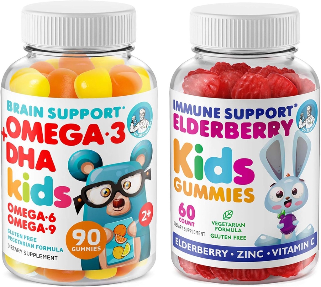 DR. MORITZ Cardio & Immune Boost Duo - 아이를위한 Elderberry Gummies와 함께 아이 오메가 3 구미 (90 개) (60 개)