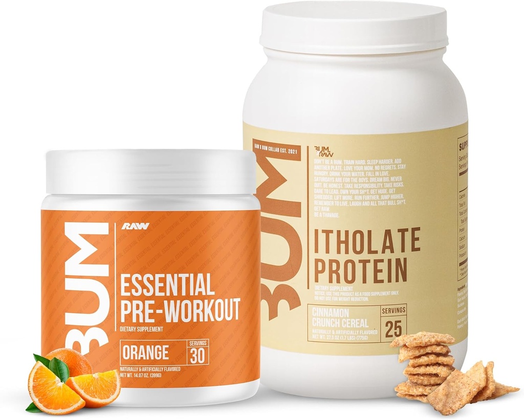 RAW Whey Isolate Protein Powder & Essential Pre-Workout Powder 번들 (Cinnamon Crunch & Orange) - Chris Bumstead Sports Nutrition 남성 및 여성을위한 보충
