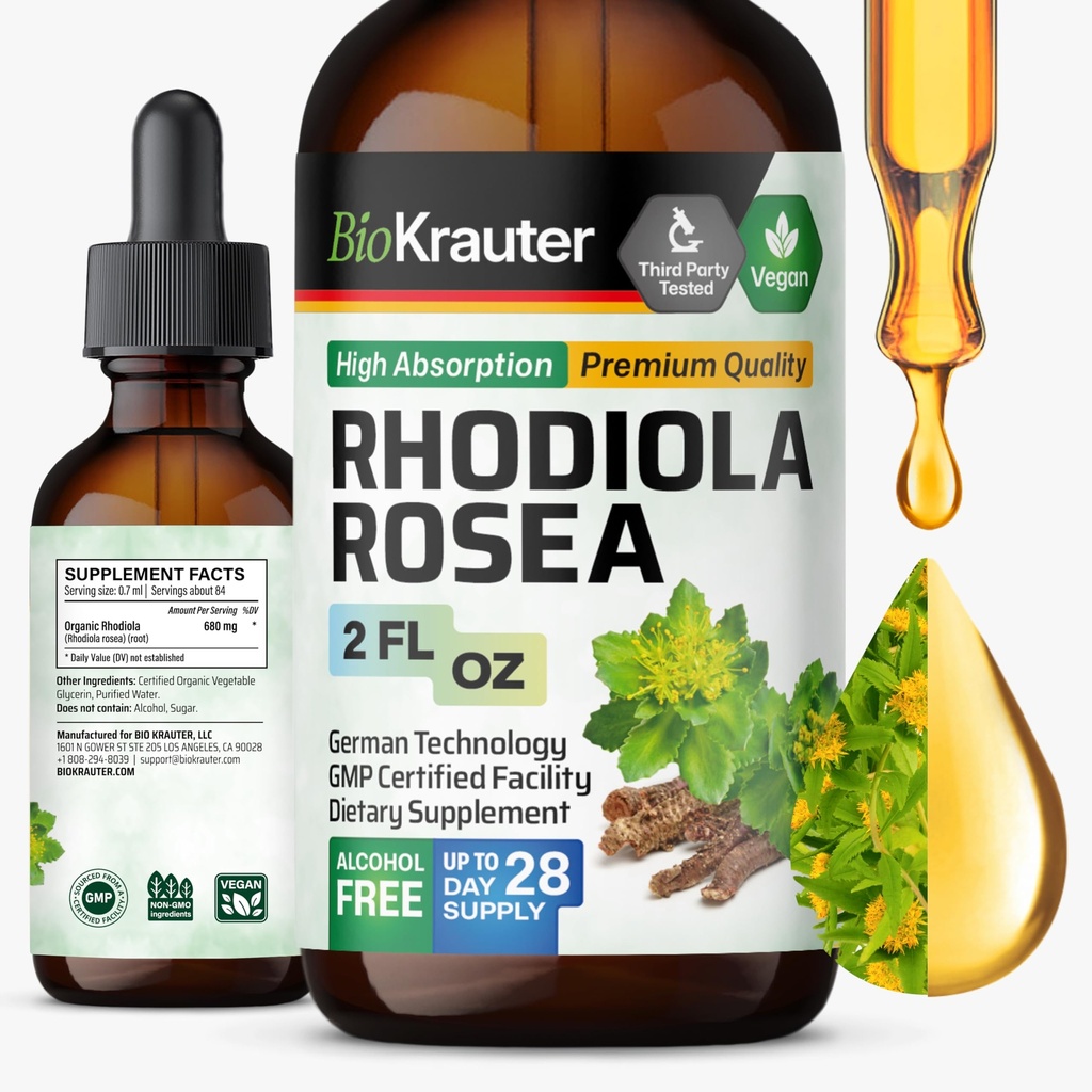 BIO KRAUTER Rhodiola Rosea 보충 액체 - 순수한 Rhodiola Rosea Tincture - Vegan Calmness 지원 - 알코올 및 설탕 무료 추출물 2 Fl.Oz.