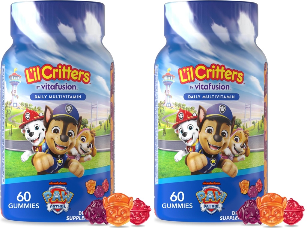 L'il Critters Paw Patrol Gummy Vites Daily Gummy Multivitamin for Kids, 비타민 C, 면역 지원 버찌, 오렌지 및 블루 베리 맛, 60 Gummies (팩 2)