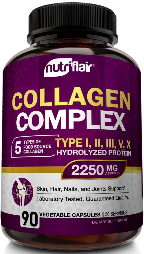 NutriFlair 멀티 콜라겐 펩타이드 2250mg, 90 캡슐 - 유형 I, II, III, V, X - 콜라겐 보충 교재 여성과 남성을위한 복합 분말 알약 - 가수 분해 단백질, 건강한 머리, 피부, 손톱 - 비 GMO