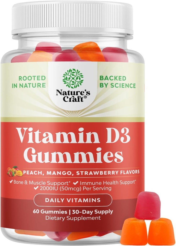 Nature Craft Vitamin D3 Gummies for Daily Wellness - 뼈 근육 및 면역 지원 비 GMO 젤라틴 글루텐 무료 (30 일 공급) 당 2000IU를 가진 맛있는 D 성인