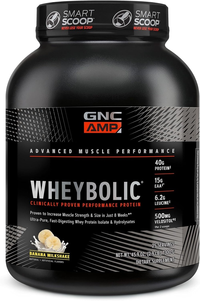 GNC AMP Wheybolic 임상으로 입증된 단백질 분말, 40g Whey Protein, BCAA, Leucine, 근육 힘, 근육 건물, 3rd 당 시험되는, 글루텐 자유로운, 바나 밀크 셰이크, 25의 서빙