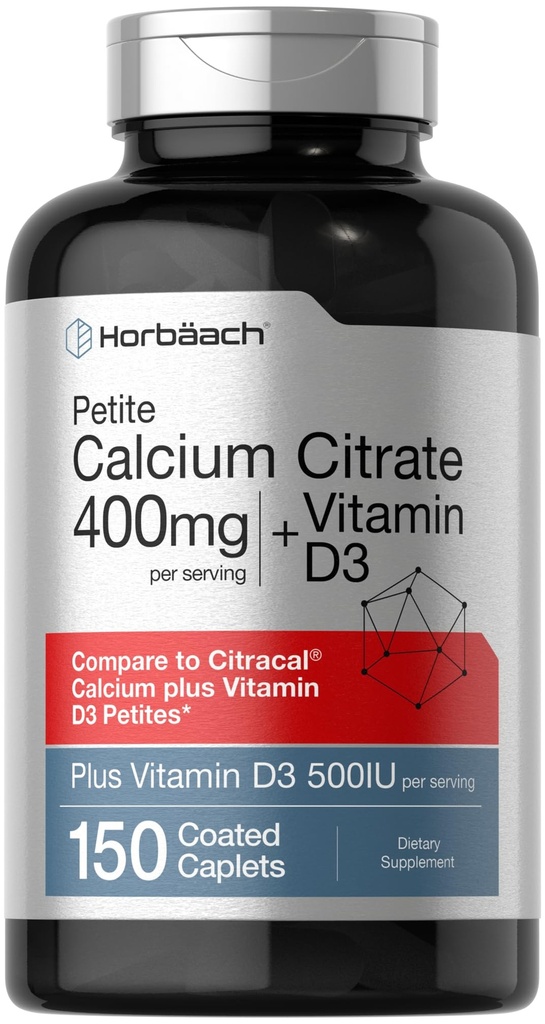 Horbäach 칼슘 구연산염 비타민 D3 | 150 Petite coated Caplets | 남성과 여성을위한 보충 | 채식주의, 비 GMO 및 글루텐 무료