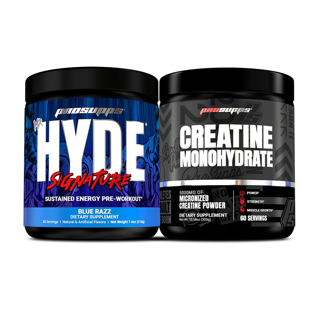 PROSUPPS Hyde 서명은 Pre-Workout, Blue Razz, 30-Servings 및 Creatine 300 번들을 포함합니다.
