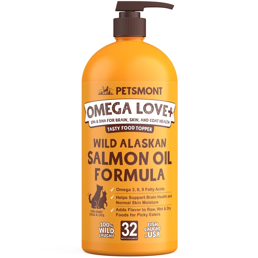 애완 동물 mont 오메가 Love+ 야생 알래스카 Salmon 기름 개 수식 32 oz - 물고기 오메가 액체 펌프 고양이는 합동 기능 면역성 심장 건강 식품 보충교재 애완 동물 자연적인 EPA DHA 지방산을 지원합니다