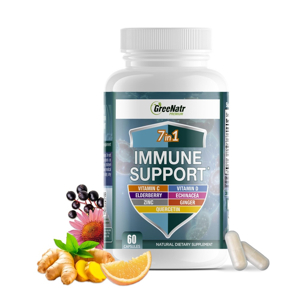 GreeNatr Immune 지원은 비타민 C, D3, 아연 50mg, Quercetin, Echinacea Purpurea, Sambucus Elderberry 및 Ginger를 위한 보충 - 60의 캡슐 (1개의 병)