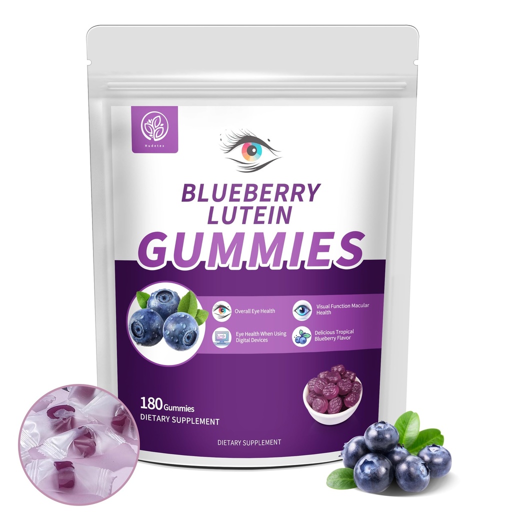 Blueberry Lutein Eye Vitamins Gummies with 180 Count - 3 개월 공급, 아이와 성인을위한 Vegan Eye Health Supplement, Vision Clarity 및 Blue Light Support를위한 Lutein Gummies